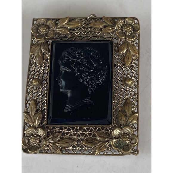 Czecho Black Glass Mourning Cameo Filigree Pin Brooch Pendant Vintage Antique? - Picture 13 of 13